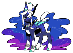Size: 2676x1949 | Tagged: safe, artist:pumpkin-phantom, princess luna, alicorn, bat pony, bat pony alicorn, pony, g4, bat wings, claws, clothes, cloven hooves, colored eyelashes, colored hooves, concave belly, constellation, cuffs (clothes), curved horn, ear tufts, female, folded wings, horn, jewelry, mare, necklace, pale belly, peytral, redesign, simple background, socks, solo, transparent background, white-haired luna, wing claws, wings