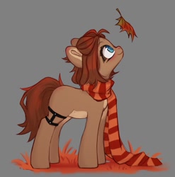 Size: 671x680 | Tagged: safe, artist:shelti, oc, oc only, oc:owl, earth pony, pony, clothes, colored pupils, female, leaf, looking up, mare, scarf, smiling, solo, striped scarf