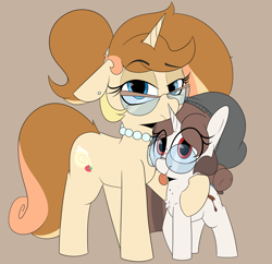Size: 2778x2685 | Tagged: safe, artist:chaosllama, oc, oc:mocha bean macchiato, oc:tiarmisu juliette, pony, unicorn, beanie, cute, female, filly, foal, glasses, hat, high res, mare, mother and child, mother and daughter, tongue out