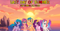 Size: 2064x1073 | Tagged: safe, artist:limedazzle, artist:not-yet-a-brony, hitch trailblazer, izzy moonbow, pipp petals, sunny starscout, zipp storm, earth pony, pegasus, pony, unicorn, g5, 2022, beach, cloud, female, friends, group photo, group shot, lyrics in the description, male, mane five, mare, ocean, red eyes, red-eyed pipp, september, song reference, stallion, summer, sunrise, sunset, water, youtube link in the description