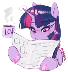 Size: 2426x2560 | Tagged: safe, artist:maren, twilight sparkle, alicorn, pony, g4, blushing, doodle, eyebrows, eyebrows visible through hair, glowing, glowing horn, high res, horn, levitation, magic, mug, newspaper, reading, signature, simple background, telekinesis, twilight sparkle (alicorn), white background