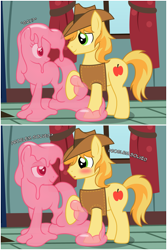 Size: 3119x4678 | Tagged: safe, artist:badumsquish, derpibooru exclusive, braeburn, oc, oc:quiddity, goo, goo pony, monster pony, original species, pony, g4, 2 panel comic, bedroom eyes, blushing, braeburn's hat, canon x oc, comic, curtains, dialogue, duo, female, female to male, flirting, gay, hat, holding hooves, house, male, open mouth, raised hoof, rule 63, shapeshifting, show accurate, straight, transformation, transgender transformation, want, window