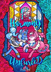 Size: 4800x6714 | Tagged: safe, artist:facadeart, pinkie pie, princess celestia, princess luna, alicorn, earth pony, pony, g4, boots, clothes, commission, dress, ear piercing, earring, eyeshadow, fanfic art, female, fimfiction, fimfiction.net link, flower, jewelry, makeup, piercing, rose, shoes, socks, stained glass, text, tiara, trio, trio female