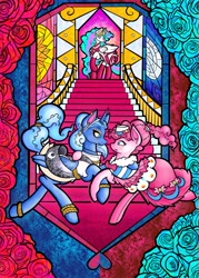 Size: 4800x6714 | Tagged: safe, alternate version, artist:facadeart, pinkie pie, princess celestia, princess luna, alicorn, earth pony, pony, g4, boots, clothes, commission, dress, ear piercing, earring, eyeshadow, fanfic art, female, fimfiction, fimfiction.net link, flower, jewelry, makeup, piercing, rose, shoes, socks, stained glass, text, tiara, trio, trio female