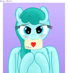 Size: 2880x3068 | Tagged: safe, artist:rainbowšpekgs, spring melody, sprinkle medley, pegasus, pony, g4, bedroom eyes, blushing, bronybait, cute, female, heart, heart eyes, high res, implied anon, letter, looking at you, love letter, loving gaze, mare, mouth hold, smiling, solo, wingding eyes