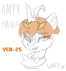 Size: 1531x1655 | Tagged: safe, artist:stesha, oc, pony, advertisement, any gender, any race, bowtie, bust, chest fluff, commission, halloween, happy halloween, holiday, jack-o-lantern, looking at you, portrait, pumpkin, pumpkin head, simple background, smiling, smiling at you, smug, solo, white background, your character here