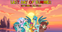 Size: 2064x1072 | Tagged: safe, artist:cheezedoodle96, artist:not-yet-a-brony, gallus, ocellus, sandbar, silverstream, smolder, swift foot, yona, changeling, dragon, earth pony, griffon, hippogriff, pony, thracian, yak, g4, 2022, beach, cloud, friends, friendship, group photo, group shot, lyrics in the description, ocean, september, song reference, student seven, student six, summer, sunset, water, youtube link in the description