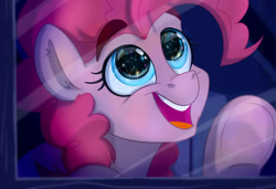 Size: 1280x873 | Tagged: safe, artist:rutkotka, pinkie pie, earth pony, pony, g4, against glass, fanfic art, female, glass, mare, open mouth, open smile, smiling, solo, starry eyes, underhoof, window, wingding eyes