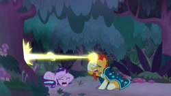 Size: 1280x720 | Tagged: safe, screencap, starlight glimmer, sunburst, pony, unicorn, g4, season 9, student counsel, blast, cowering, everfree forest, eyes closed, forest, glasses, glowing, glowing horn, horn, leaves, magic, magic blast, male, open mouth, stallion, wood