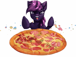 Size: 408x306 | Tagged: safe, artist:charlot, oc, oc only, pony, unicorn, animated, commission, food, gif, horn, pizza, simple background, solo, unicorn oc, white background, ych result