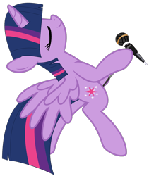 Size: 2745x3259 | Tagged: safe, artist:masami-rose-sav, artist:twilyisbestpone, twilight sparkle, alicorn, pony, g4, base used, beautiful, bipedal, cute, eyes closed, female, high res, mare, microphone, pegasus wings, performance, pretty, simple background, smiling, solo, spread wings, standing, transparent background, twiabetes, twilight sparkle (alicorn), wings