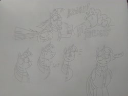 Size: 2592x1944 | Tagged: safe, artist:princebluemoon3, pinkie pie, twilight sparkle, alicorn, earth pony, pony, g4, clothes, food, grayscale, gum, jumpscare, jumpsuit, monochrome, roald dahl, sketch, swallowing, this will not end well, traditional art, twilight sparkle (alicorn), violet beauregarde, willy wonka and the chocolate factory, yelling
