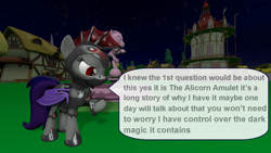 Size: 1920x1080 | Tagged: safe, artist:ask-the-luna-knight, oc, oc only, bat pony, pony, 3d, armor, fountain, night, ponyville, ponyville town hall, solo, source filmmaker, speech bubble, text