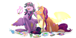 Size: 3410x1693 | Tagged: safe, artist:shaslan, sunny starscout, twilight sparkle, alicorn, pony, g5, my little pony: a new generation, braid, brush, easel, happy, mouth hold, one eye closed, open mouth, open smile, paint, paintbrush, race swap, simple background, smiling, sunny and her heroine, sunnycorn, transparent background, twilight sparkle (alicorn)