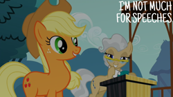 Size: 1920x1080 | Tagged: safe, edit, edited screencap, editor:quoterific, screencap, applejack, mayor mare, earth pony, pony, g4, the last roundup, applejack's hat, cowboy hat, duo, duo female, female, freckles, glasses, grin, hat, mare, smiling