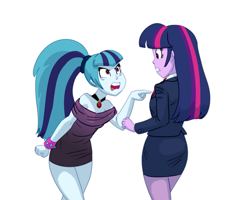 Size: 3752x3000 | Tagged: safe, artist:carnifex, sonata dusk, twilight sparkle, human, comic:we will be adored, equestria girls, g4, clothes, disguise, disguised siren, female, formal wear, high res, necktie, simple background, skirt, suit, tuxedo, white background