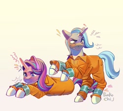 Size: 2749x2500 | Tagged: safe, artist:junkochi_, starlight glimmer, trixie, pony, unicorn, g4, ankle cuffs, clothes, commission, commissioner:rainbowdash69, cuffed, cuffs, frustrated, high res, horn, horn ring, never doubt rainbowdash69's involvement, prison outfit, prisoner, prisoner sg, prisoner tx, ring, sad