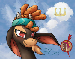 Size: 1280x1003 | Tagged: safe, artist:swasfews, captain bravura (tfh), shanty (tfh), goat, them's fightin' herds, community related, crown, female, jewelry, regalia, sky, smiling, smirk, wind blowing