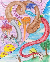 Size: 820x1015 | Tagged: safe, artist:mintytreble, discord, draconequus, serpent, g4, railroad, solo, tracks, traditional art, tree