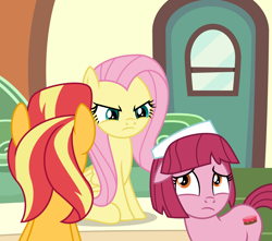 Size: 6000x5293 | Tagged: safe, artist:emeraldblast63, fluttershy, puffed pastry, sunset shimmer, earth pony, pegasus, unicorn, comic:the tale of two sunsets, angry, cake, door, female, floppy ears, fluttershy is not amused, food, frown, hat, mare, scared, sitting, story included, train, unamused