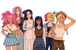 Size: 3000x2000 | Tagged: safe, artist:4icamy, applejack, fluttershy, pinkie pie, rainbow dash, rarity, twilight sparkle, human, g4, alternate hairstyle, applejack's hat, armpits, bag, bare shoulders, belly button, belt, bracelet, braces, braid, choker, clothes, cowboy hat, denim, dress, ear piercing, earring, eyeshadow, female, freckles, gloves, grin, hat, high res, humanized, jeans, jewelry, lipstick, makeup, mane six, midriff, nail polish, necklace, pants, peace sign, piercing, ponytail, shirt, short shirt, simple background, skirt, sleeveless, smiling, spiked wristband, straw in mouth, sweater, sweater vest, sweatershy, t-shirt, tank top, transparent background, vest, wall of tags, wristband