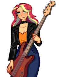 Size: 800x1000 | Tagged: safe, artist:4icamy, sunset shimmer, human, equestria girls, g4, bass guitar, blushing, choker, clothes, cute, denim, ear piercing, earring, eyeshadow, female, guitar pick, humanized, jacket, jeans, jewelry, leather, leather jacket, makeup, musical instrument, nail polish, pants, piercing, shimmerbetes, short shirt, simple background, solo, spiked choker, white background