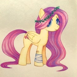 Size: 1772x1772 | Tagged: safe, artist:4icamy, fluttershy, pegasus, pony, g4, bandage, bandaid, cute, female, floral head wreath, flower, full body, grainy, looking at you, mare, shyabetes, simple background, solo, traditional art, yellow background