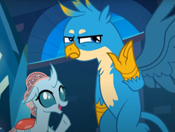 Size: 1003x756 | Tagged: safe, screencap, gallus, ocellus, changedling, changeling, griffon, g4, school raze, cropped, duo, female, gallus is not amused, looking at you, male, unamused