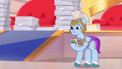 Size: 520x293 | Tagged: safe, screencap, queen haven, zoom zephyrwing, pegasus, pony, g5, my little pony: tell your tale, queens for a day, spoiler:g5, spoiler:my little pony: tell your tale, spoiler:tyts01e17, animated, cellphone, duo, female, guardsmare, helmet, mare, paper, pegasus royal guard, phone, royal guard