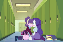 Size: 1152x774 | Tagged: safe, artist:brightstar40k, artist:swiftgaiathebrony, rarity, suri polomare, human, equestria girls, g4, blush sticker, blushing, book, clothes, crystal prep academy uniform, duo, female, kiss on the lips, kissing, kneeling, lesbian, lockers, school, school uniform, schoolgirl, shipping, skirt, surity, surprise kiss