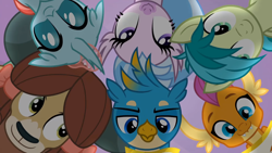 Size: 1600x900 | Tagged: safe, screencap, gallus, ocellus, sandbar, silverstream, smolder, yona, changedling, changeling, classical hippogriff, dragon, earth pony, griffon, hippogriff, pony, yak, friendship university, g4, dragoness, fangs, female, lidded eyes, looking at each other, looking at someone, male, smiling, stallion, student six