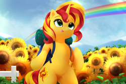 Size: 2700x1800 | Tagged: safe, artist:darksly, sunset shimmer, pony, unicorn, :p, backpack, bag, bipedal, cute, female, fence, flower, grass, mare, rainbow, shimmerbetes, solo, standing on two hooves, sunflower, tongue out