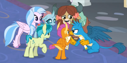 Size: 1019x505 | Tagged: safe, screencap, gallus, ocellus, sandbar, silverstream, smolder, yona, changedling, changeling, classical hippogriff, dragon, earth pony, griffon, hippogriff, pony, yak, friendship university, g4, bow, butt, cloven hooves, colored hooves, cropped, dragoness, female, hair bow, male, monkey swings, plot, school of friendship, student six, teenager