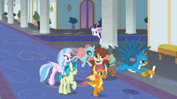 Size: 1600x900 | Tagged: safe, screencap, gallus, ocellus, rarity, sandbar, silverstream, smolder, twilight sparkle, yona, alicorn, changedling, changeling, classical hippogriff, dragon, earth pony, griffon, hippogriff, pony, unicorn, yak, friendship university, g4, bow, butt, cloven hooves, colored hooves, dragoness, female, flying, hair bow, jewelry, male, mare, monkey swings, necklace, plot, school of friendship, student six, teenager, twilight sparkle (alicorn)