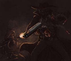Size: 2750x2330 | Tagged: safe, artist:t72b, oc, gun pony, human, object pony, original species, pony, weapon pony, ammunition, blood (video game), caleb, clothes, coat, crossover, cultist, cute, dark, double barrel shotgun, floppy ears, gun, hat, holding a pony, limited palette, machine gun, night, not salmon, open mouth, ponified, reference, robe, rule 85, shells, shooting, shotgun, shotgun shell, simple background, smoke, trenchcoat, wat, weapon