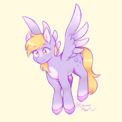 Size: 2048x2048 | Tagged: safe, artist:grumpimoon, derpy hooves, pegasus, pony, g4, alternate color palette, blaze (coat marking), coat markings, colored hooves, colored pinnae, facial markings, female, flying, full body, high res, mare, pale belly, simple background, smiling, socks (coat markings), solo, spread wings, wings, yellow background