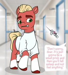 Size: 1936x2111 | Tagged: safe, artist:dancingkinfiend, derpibooru exclusive, sprout cloverleaf, earth pony, pony, g5, my little pony: a new generation, blonde, blonde hair, blonde mane, caption, clothes, coat markings, colored hooves, comforting, comic, doctor, fear, fetish, frown, green eyes, gritted teeth, hooves, hospital, hospital gown, image macro, male, medical, needle, raised hoof, reassurance, red fur, scared, socks (coat markings), solo, speech, speech bubble, stallion, surgery, tail, talking, teeth, text, wavy hair, wavy mane, wavy tail