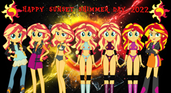 Size: 2980x1625 | Tagged: safe, artist:diegator007, artist:invisibleink, edit, sunset shimmer, human, equestria girls, equestria girls specials, g4, my little pony equestria girls: better together, my little pony equestria girls: forgotten friendship, beach shorts swimsuit, belly button, bikini, breasts, clothes, elbow pads, knee pads, multeity, shimmerstorm, sports bra, sports panties, sunset shimmer day, sunset shimmer's beach shorts swimsuit, swimsuit, wrestler