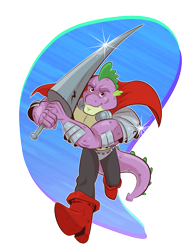 Size: 1600x2128 | Tagged: safe, artist:saturdaymorningproj, spike, dragon, g4, adult, adult spike, armor, beefspike, cape, clothes, gigachad spike, knight, knight spike, lance, male, muscles, muscular male, older, older spike, running, simple background, solo, transparent background, weapon