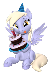 Size: 1080x1600 | Tagged: safe, artist:owlpirate, derpy hooves, pegasus, pony, g4, 3d, birthday cake, cake, cute, derpabetes, female, food, hat, hoof hold, licking, licking lips, mare, party hat, simple background, sitting, solo, source filmmaker, spread wings, tongue out, transparent background, unshorn fetlocks, wings
