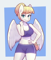 Size: 1700x2013 | Tagged: safe, artist:handgunboi, summer breeze, pegasus, anthro, g4, breasts, busty summer breeze, cleavage, clothes, commission, compression shorts, eyebrows, eyebrows visible through hair, female, friendship student, hand on hip, looking at you, mare, midriff, reasonably sized breasts, smiling, solo, sports bra