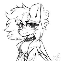 Size: 2000x2000 | Tagged: source needed, useless source url, safe, artist:rinteen, pegasus, pony, bust, clothes, collar, eye clipping through hair, eyebrows, eyebrows visible through hair, high res, looking at you, raised eyebrow, signature, simple background, sketch, solo, spiked collar, white background