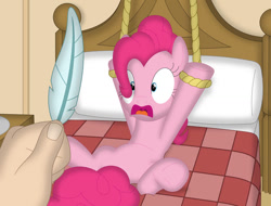 Size: 1026x778 | Tagged: safe, artist:porygon2z, pinkie pie, earth pony, pony, g4, bed, feather, fetish, hand, imminent tickles, open mouth, rope, scared, tickle torture, tickling, tied to bed, underhoof