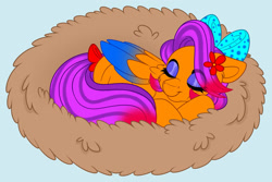 Size: 1280x855 | Tagged: safe, artist:thehaywaiianhorse, oc, oc only, pegasus, pony, blue background, bow, female, hair bow, mare, nest, simple background, sleeping, solo, tail, tail bow