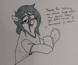 Size: 2048x1700 | Tagged: safe, artist:pony quarantine, oc, oc only, oc:anon-mare, earth pony, pony, clothes, dialogue, female, grayscale, mare, monochrome, shirt, talking to viewer, traditional art, underhoof