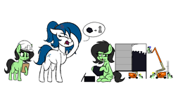 Size: 1152x568 | Tagged: safe, artist:seafooddinner, oc, oc:filly anon, oc:spacexpone, earth pony, pony, clipboard, clothes, cross-popping veins, drool, earth pony oc, eating, emanata, eyes closed, facehoof, female, filly, floppy ears, foal, hard hat, hat, hoof hold, jewelry, mare, necklace, open mouth, raised hoof, rocket, simple background, sitting, white background