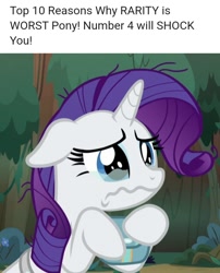 Size: 720x892 | Tagged: safe, edit, edited screencap, screencap, rarity, pony, unicorn, g4, season 8, the mean 6, abuse, april fools, april fools 2019, background pony strikes again, blatant lies, clickbait, cropped, crying, floppy ears, go to sleep zesty, op is a duck, op is trying to start shit, op isn't wrong, raribuse, reddit, sad, solo, wavy mouth, worst pony