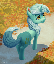 Size: 1289x1536 | Tagged: safe, artist:robsa990, lyra heartstrings, pony, unicorn, autumn, butt, female, leaves, mare, plot, smiling, solo