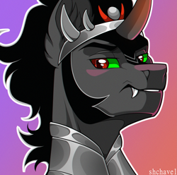 Size: 2315x2300 | Tagged: safe, artist:shchavel, king sombra, pony, unicorn, g4, armor, art, bust, commission, commission open, curved horn, ear fluff, fangs, gradient background, high res, horn, male, simple background, solo, stallion, sternocleidomastoid