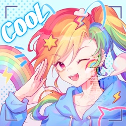 Size: 2000x2000 | Tagged: safe, artist:leafywind, rainbow dash, human, anime, camera shot, clothes, cool, cute, dashabetes, face paint, hoodie, humanized, looking at you, obtrusive watermark, one eye closed, open mouth, open smile, smiling, watermark, wink, winking at you